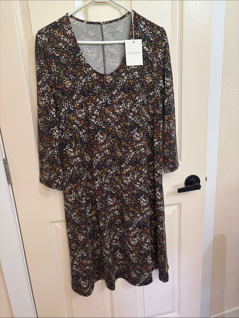 Garnet Hill Black Floral Long-Sleeve Scoop Dress